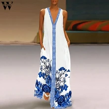 Womail, летние платья для женщин размера плюс, женское винтажное платье с v-образным вырезом и цветочным принтом без рукавов, Повседневное платье с карманами Ju3