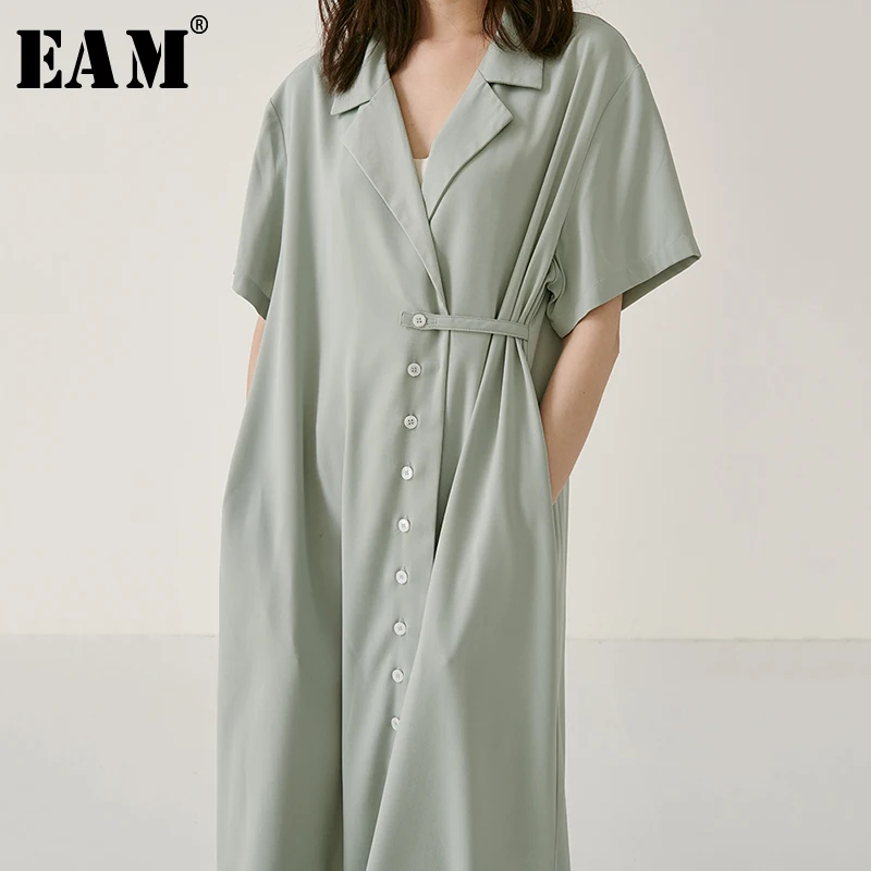 

[EAM] 2019 New Spring Summer Lapel Short Sleeve Green Button Pleated Split Joint Temperament Dress Women Fashion Tide JW869