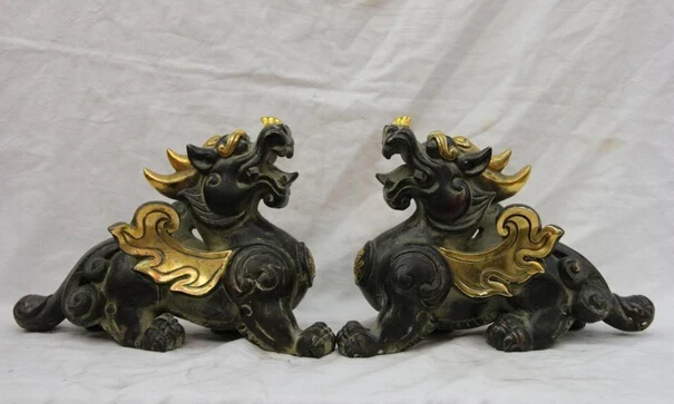 

Elegant old S1236 China Folk Copper Bronze Fengshui Evil Beast Fu Foo Dog Kylin Brave troops Pair statue (A0322) A0403