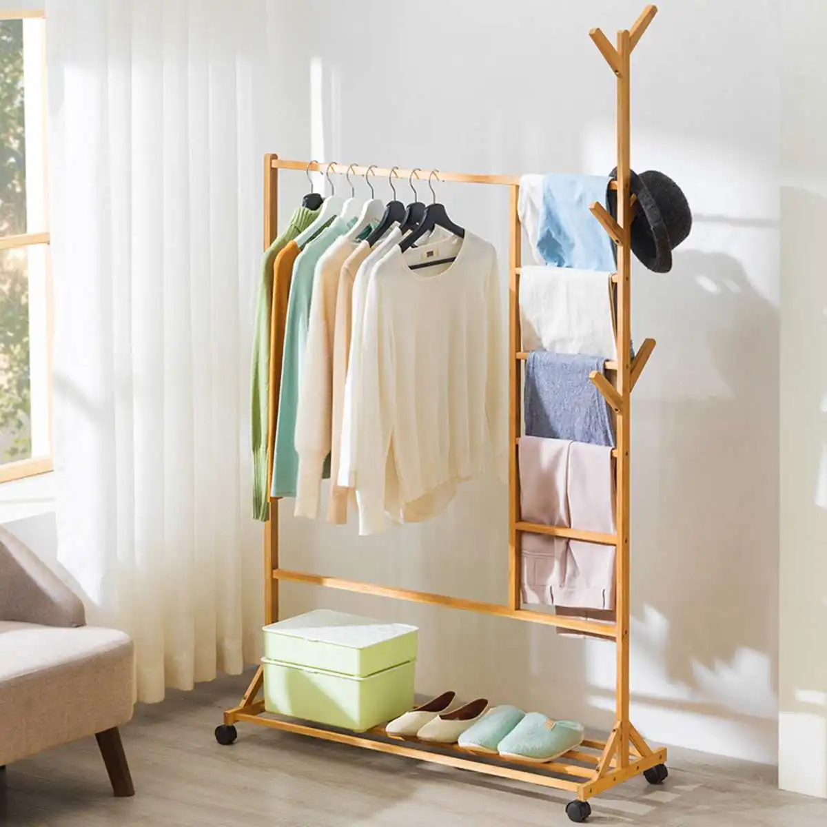 

175X100CM Bamboo Multi-function Coat Rack Bedroom Simple Modern Removable Hanger Storage Shelves Household Furniture
