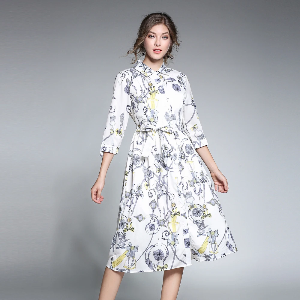 

Vintage Women Black Shirt Dress Autumn Ladies Printed Split Robes Plus Size White Dresses Female Vestidos de Festa W/Sashes N609