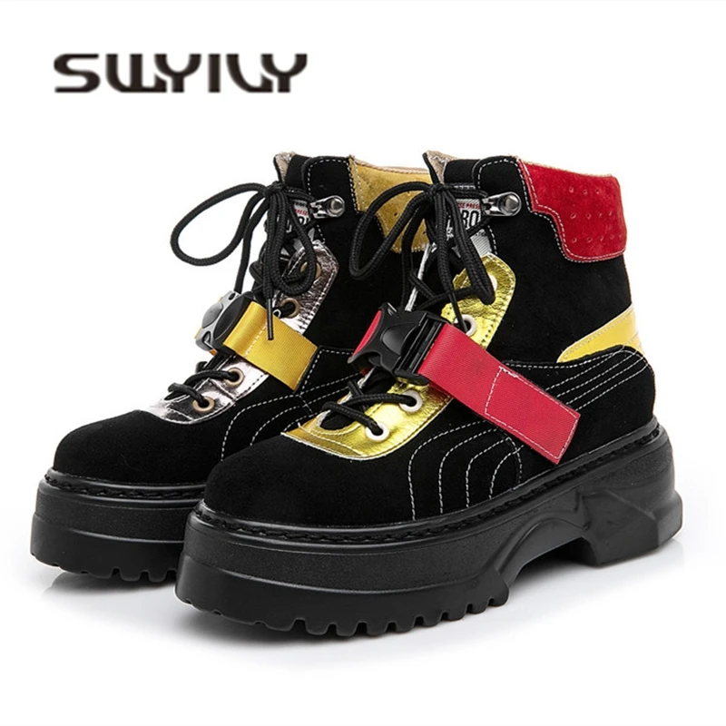 

SWYIVY Hook Loop Belt Ankle Boots Woman Platform 2019 Hot Sale Female Cool Color Fashion Shoes Wedge Genuine Leather Ankle Boots