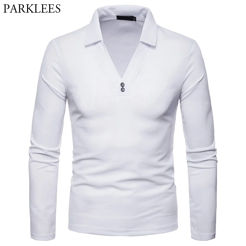 Mens Hipster V Neck Polo Shirt Men 2018 Autumn New Long Sleeve Button
