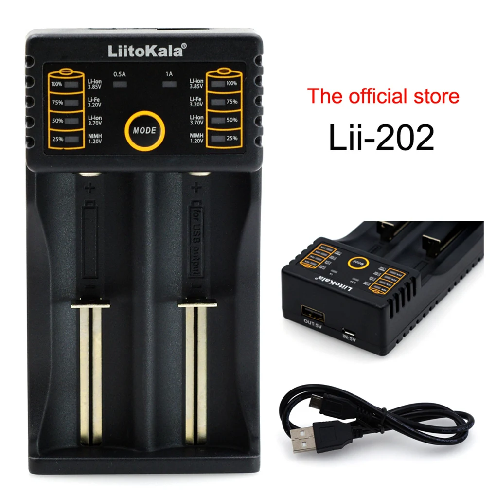 

Liitokala Lii-202 18650 26650 16340 14500 Charger 5V 2A Input NiMH Lithium Battery Smart Charger