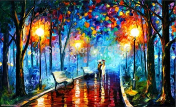 

Large art Handpainted Lover Rain Street Tree Oil Painting On Canvas Wall Art Lamp Landscape Pictures Home Decor For Living Room