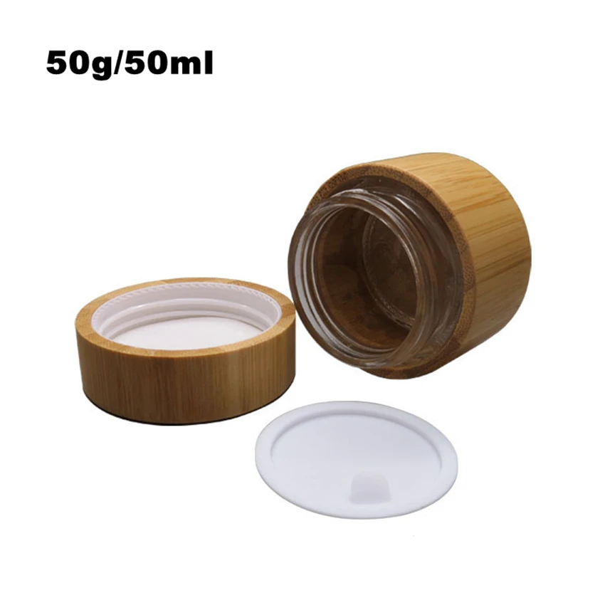 

10PCS Environmental Bamboo Empty Refillable Glass Bottle Cosmetic Cream Jar Storage Bottle Container Glass Lotion Jar 50ml 50g