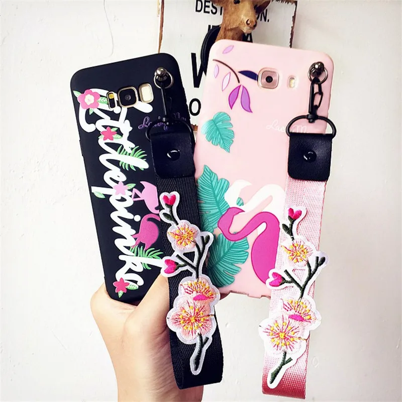 

Embroidery Flower GRIP Wrist Strap Phone Case For Samsung S8 S9 Plus S6 S7 Edge A7 A8 A9 Note 5 Note 8 Flamingo soft Cases Cover