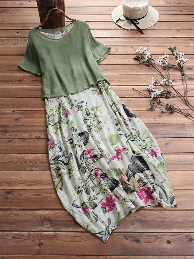 

2019 Women Summer O-Neck Two Pieces Dress Plus Size Vintage Maxi Dress Holiday Long Beach Floral Print Dress