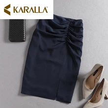 Осенние стильные женские юбки до колена с высокой талией плиссированные женские юбки Формальные однотонные прямые плиссированные юбки стройные ноги