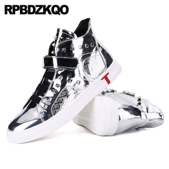 

booties designer shoes men high quality patent leather rivet boots top embellished flat sneakers trainer waterproof silver stud