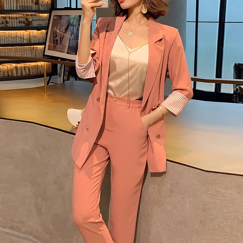 

Vintage Double Breasted Women Pant Suit Three Quarter Notched Blazer Jacket High Waist Pant 2019 Summer Office Wear Women Suit