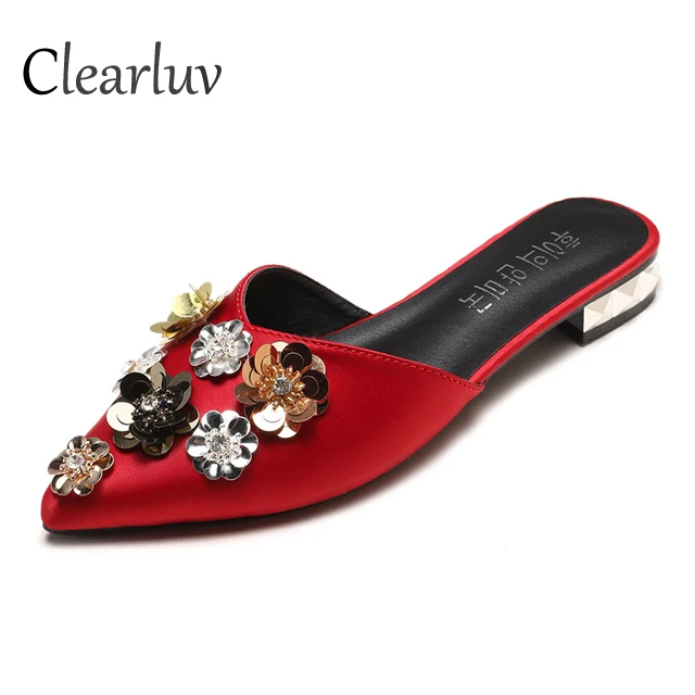 

2019 Summer Slippers Women's Korean Fashion Floral Sequins Rhinestone Satin Flat Casual Sandals Silk Slippers C0825