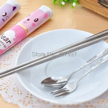 100 шт./лот 3 в 1 столовые приборы из нержавеющей стали путешествия азиатские палочки для еды Ложка Вилка портативная посуда 6 типов