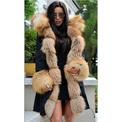 FURSARCAR New Winter Parka Luxury Women Natural Fur Jacket With Real Fox Fur Collar& Cuff Female Fashion Long Parkas Coat - Цвет: 1