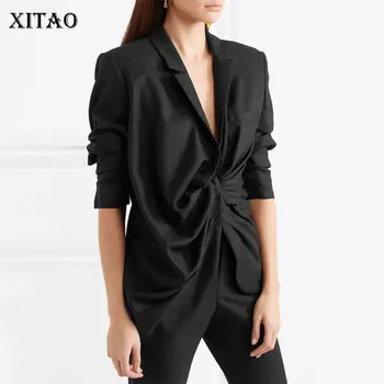 

XITAO Pleated Slim Blazer Casual Black Pocket Cotton Sleeve Single Breasted Cardigans 2019 Autumn Wild Joker Elegant WBB4183
