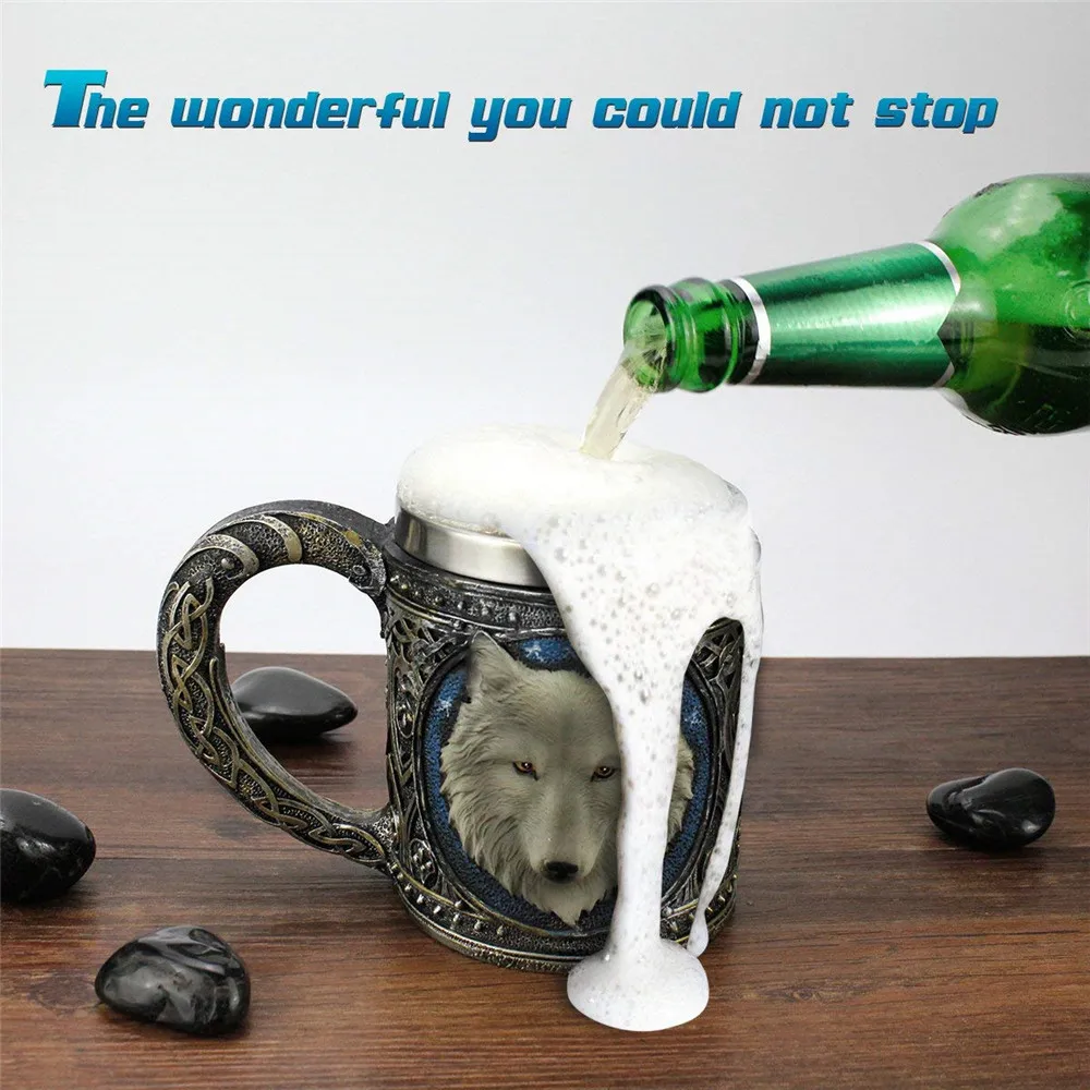 3D Wolf King Head Pattern Mug Retro Resin Stainless Steel Coffee Tea Cup 15oz