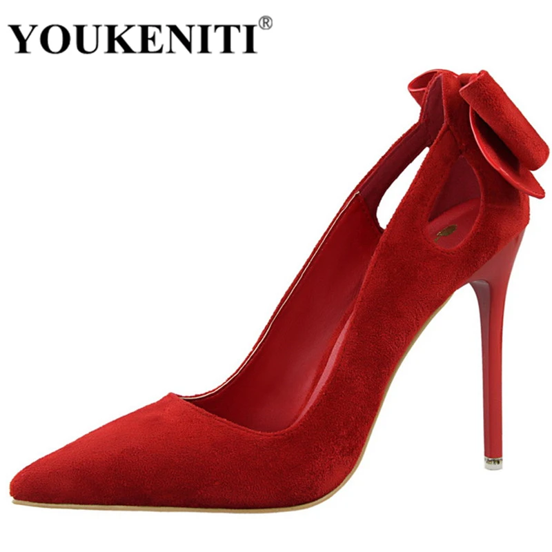 

YOUKENITI Brand Heel Shoes Flock Bowtie 10.5CM Spike Heel Shoe Women's Pumps Party & Wedding Shoes Women High Heel Shoes