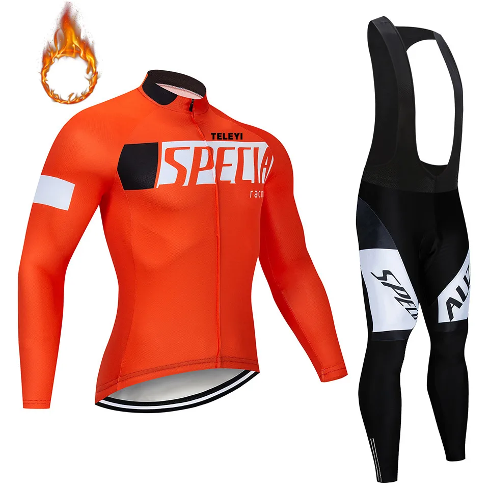 

2018 red SPECIALIZEDING Winter Men's Super Warm Cycling Jersey Set Ropa Fluorescent green Fleece Cycling Wear Bike Clothing Suit