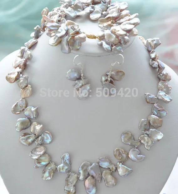 

Free Shipping >>>18mm lavender lamina KESHI REBORN PEARL NECKLACE BRACELET EARRING set #@