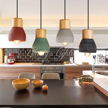 

Industrial Modern Wood Wooden Candy Colorful Concrete Handmade Cement Fixture Lamp Light Pendant Lighting Lamp Cafe Bar Club