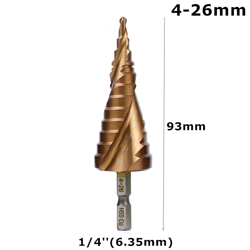Высокоскоростное стальное кобальтовое ступенчатое сверло M35 сверла для металла 1/" с шестигранным хвостовиком Спиральные пазовые конусные сверла из нержавеющей стали - Цвет: 4-26mm