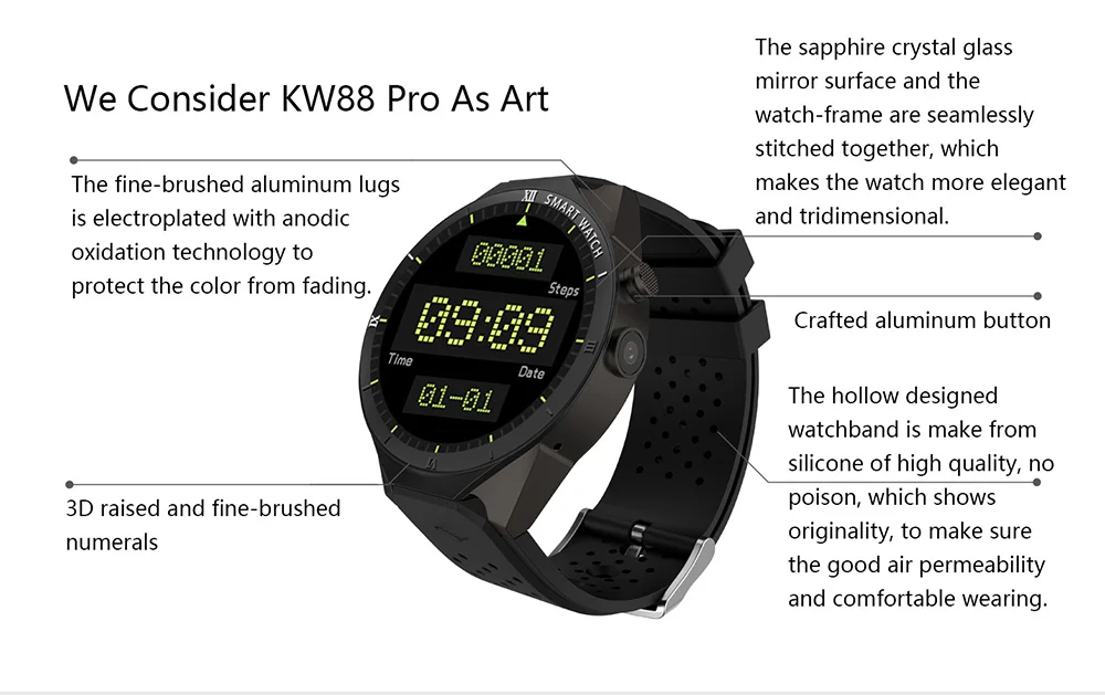 Смарт-часы KingWear KW88 Pro 3g с сердечком 1,39 дюйма, 1 ГБ, 16 ГБ, Android 7,0, четырехъядерный процессор MTK6580 1. 3G Гц, Bluetooth, напоминание о малоподвижности