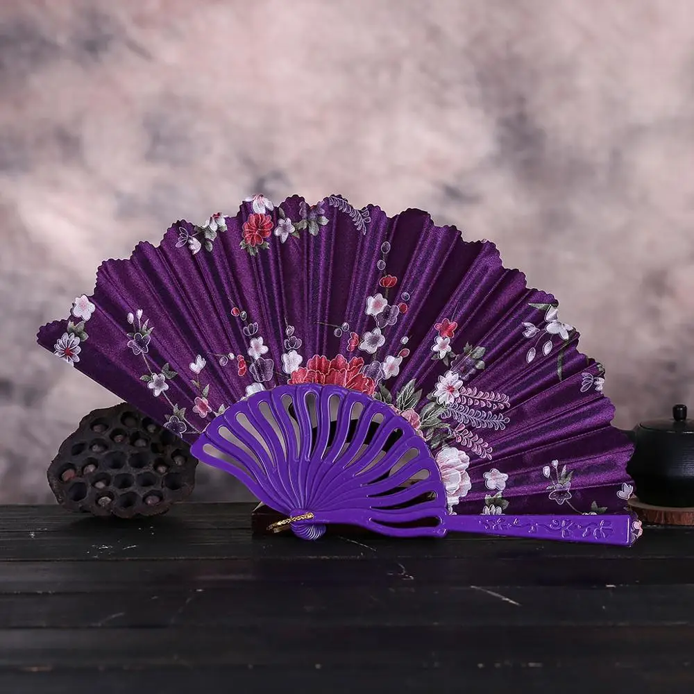 Spanish Style Blue Dance Wedding Party Lace Silk Folding Hand Held Fan Flower