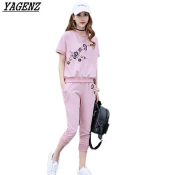

YAGENZ Women Sportswear Set Summer Embroidered Loose 2piece Set T Shirt Cotton+Pants Sweatshirts suit Casual Runway Sporting Set