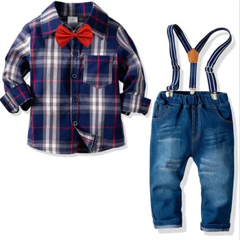 

Baby Boys Suspender Trousers Grid Tshirt Set Little Boys Gentle Man Dress Cool Cowboy Pants 24Months-7T