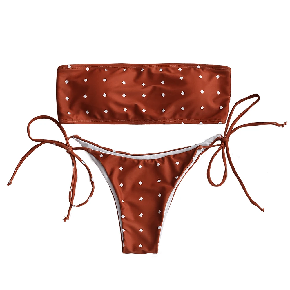 ZAFUL Self Tie Dotted Bandeau Bikini Set High Cut Swimwear Women