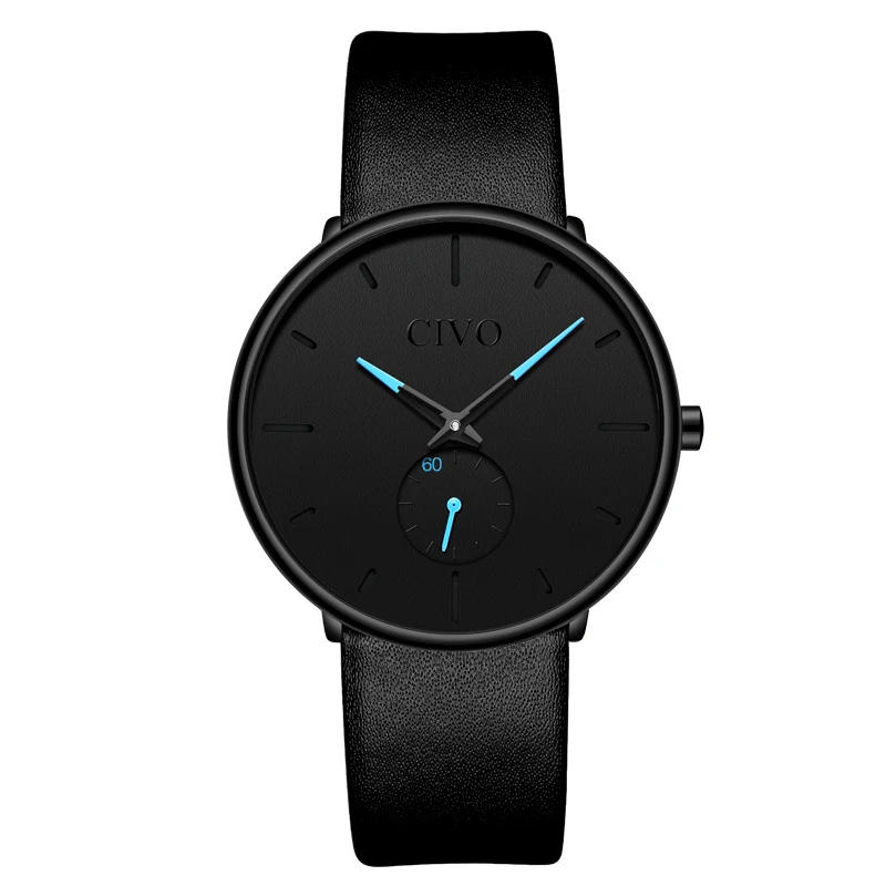 CIVO мужские часы элегантные спортивные водонепроницаемые кварцевые ремешок из натуральной кожи ультра тонкие наручные часы водонепроницаемые высококачественные Relogio - Цвет: leather black-1