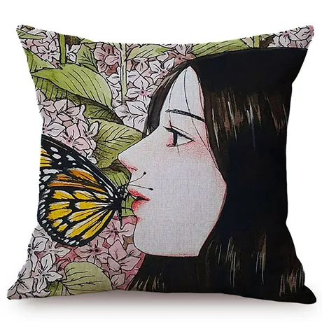 Nordic Beautiful Girl Cute Self-Portrait Sofa Decorative Cushion Cover Flower Butterfly Room Small Fresh Decor Throw Pillow Case K89-4