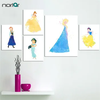 

Watercolor Princess Canvas Painting Cinderella Cartoon Movie Canvas Print Poster Girl Room Decor Unframed