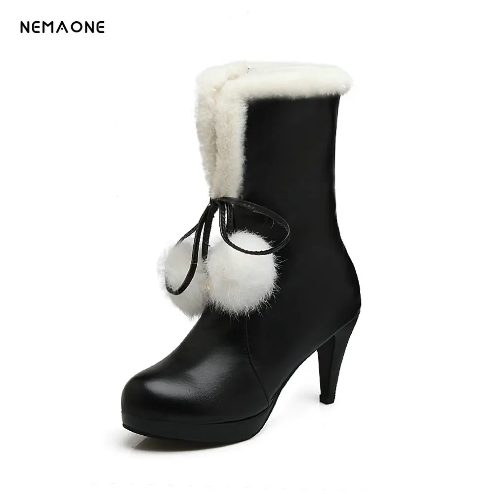 

NEMAONE Warm boots comfortable sweet rabbit pu snow boots for women winter mid calf boots high heel shoes