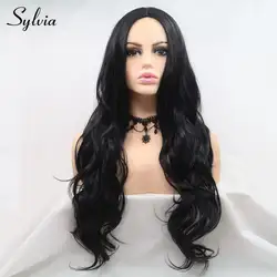 Sylvia длинное тело волны волос # 1B Искусственные парики для Для женщин средняя часть жаропрочных черный синтетический парик Косплэй вечерние