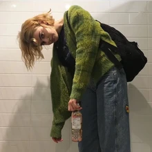 Зимний винтажный kawaii зеленый клетчатый укороченный женский кардиган на пуговицах Blusas De Inverno Feminina кардиган Feminino