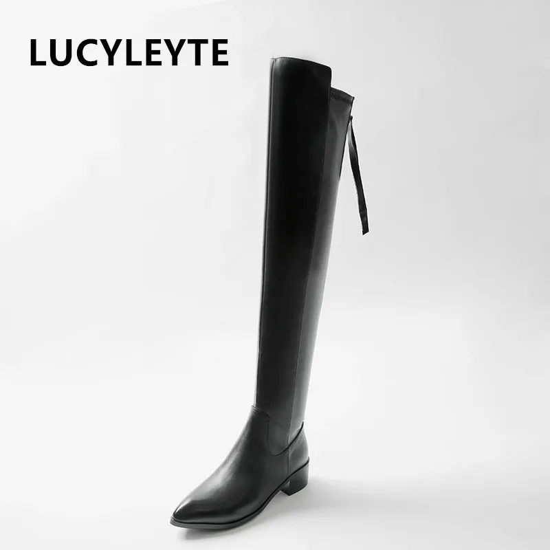 

2018 winter stovepipe riding boots leather long barrel soft leather pointed long boots over the knee high tube female elastic bo