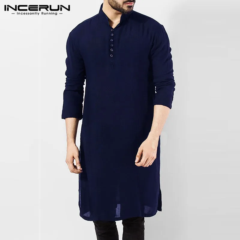 INCERUN, повседневная мужская рубашка, хлопок, длинный рукав, одноцветная, мужская длинная рубашка, Ретро стиль, индийские топы, Пакистанская одежда, мужские рубашки, 5XL