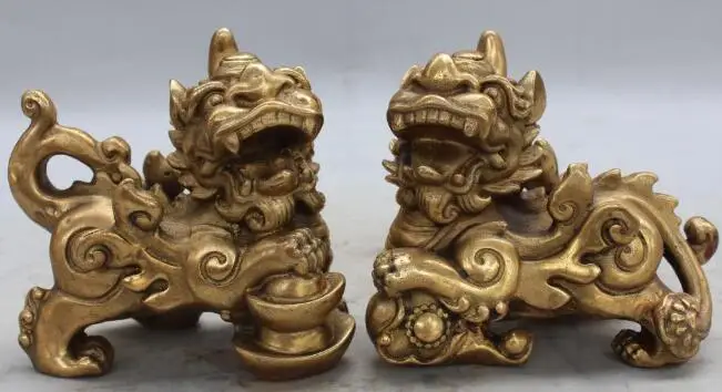 

S3173 15CM Chinese Bronze FengShui Guardian beast Wealth PiXiu Lion Kylin Statue Pair