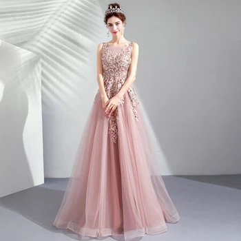 

Elegant Illusion Neck Blush Pink 3D Floral Evening Dress 2019 New Arrival Women Formal Prom Gowns Special Occasion Dresses