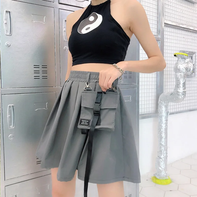 New Womens Skirts Autumn Fashion Short Skirt Female Pleated School Skirt Loose Pocket High Waist Metal Chain Summer Bottoms - Цвет: grey