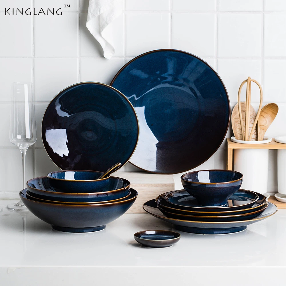 

Dim Deep Blue Color Ceramic Tableware European Retro Glazed Dinnerware Pottery Porcelain Dish Plate Household Rice Dish