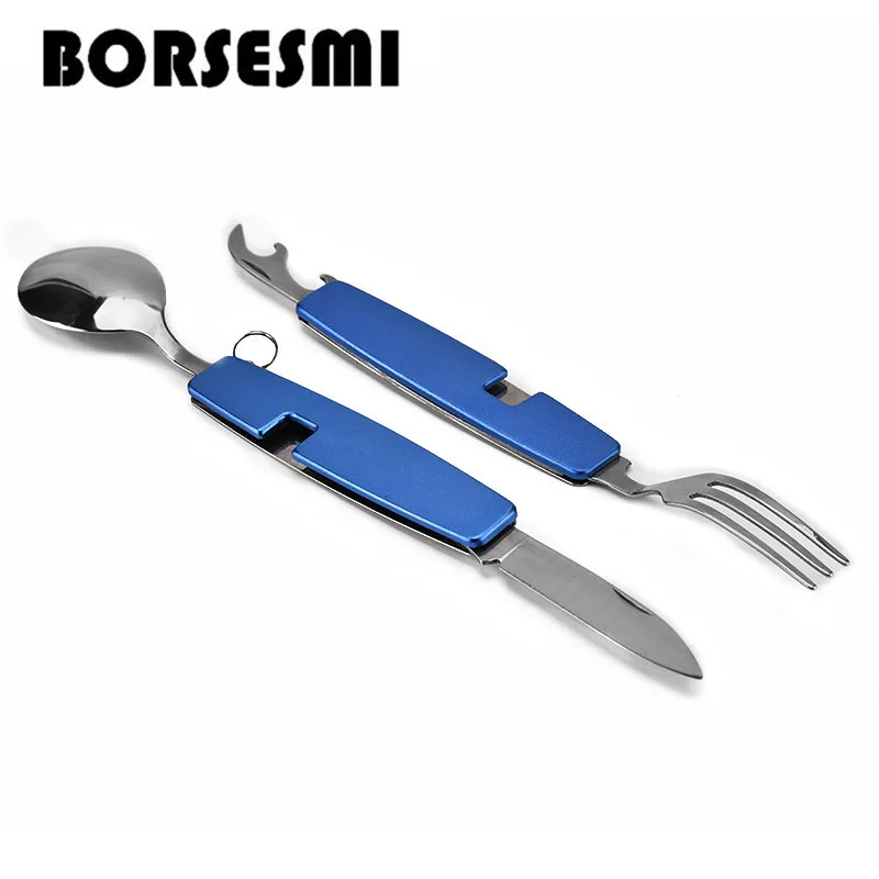 

Hot sale camping pocket knife fork scoop multi-function cutlery 3 in 1 folding tableware picnic combination dinnerware 145mm