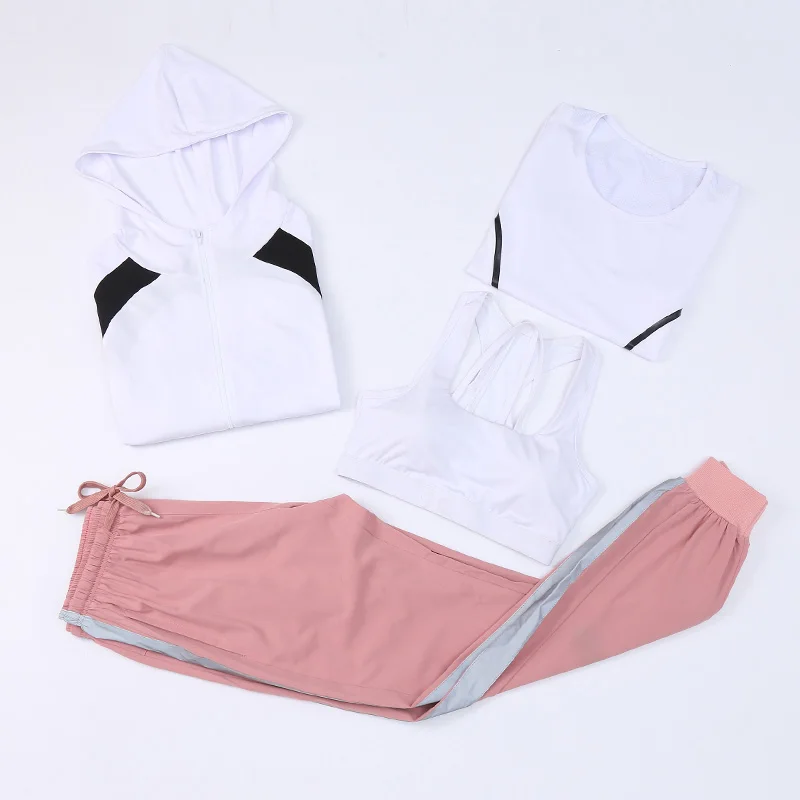 Весенне-летний женский комплект для бега свитшот на молнии с капюшоном Спортивная одежда для бега из трех предметов Спортивная одежда штаны для йоги и фитнеса spor - Цвет: Розовый