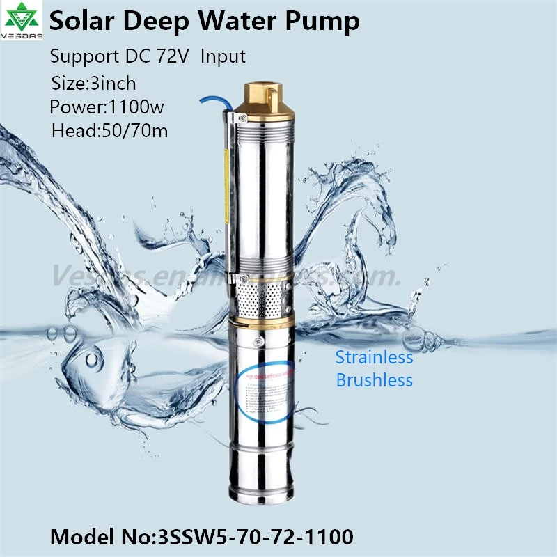 

Vesdas 3Inch 1100W DC72V Brushless High-speed with Permanent Magnet Synchronous Motor for Home&Agriculture Solar Deep Water Pump