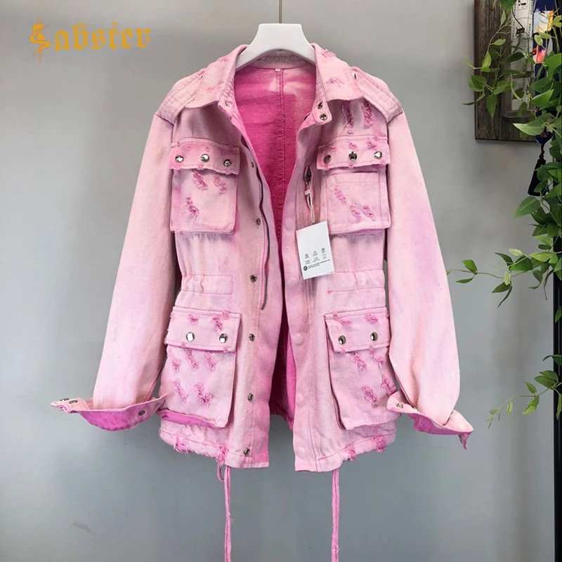

New Nrrival Women Jacket Pink Casual Elastic Waist Pocket Kimono Female Loose Outwear Hole Streetwear Girls Jacket Coat XZ006