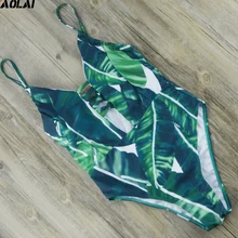 Green Leaf One Piece Swimsuit Bandage Swimwear Women 2017 Backless Monokini Push Up Bathing Suits Strap Trikini Floral Beachwear