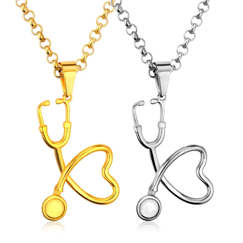 

LUXUSTEEL Romantic Style Heart To Heart Echometer Stainless Steel Stethoscope Necklaces Pendants Lover's Doctor Nurse Jewelry