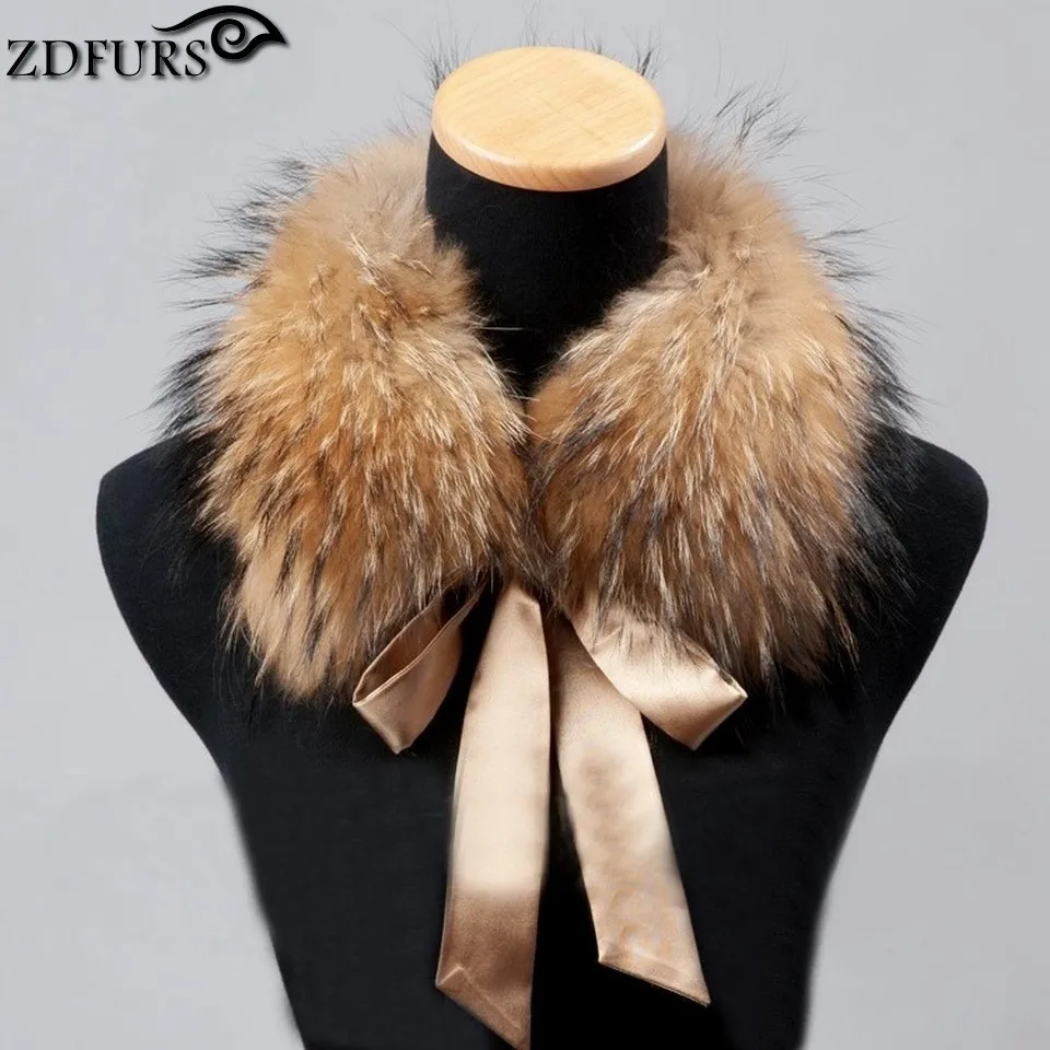 FXFURS 2017 Fashion Fur Scarf Real Raccoon Dog Fur Collars with Ribbon