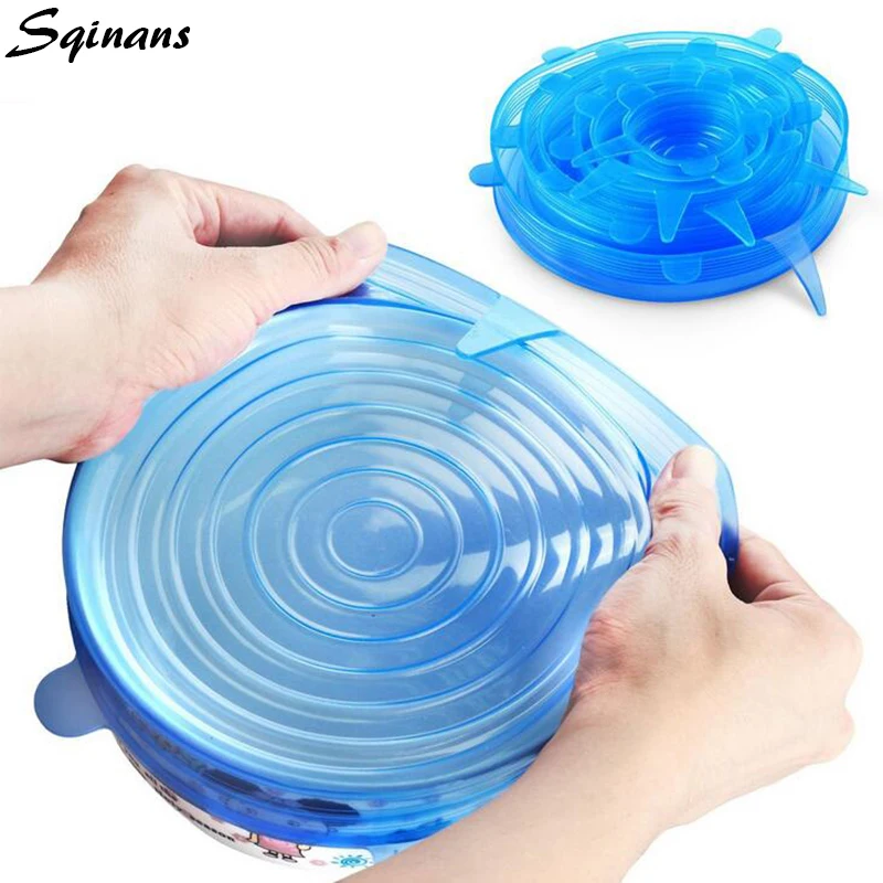

Sqinans 6pcs/Set Universal Silicone Food Wrap Reusable Seal Cover Food Fresh Keeping Silicone Saran Wrap Food Seal Magic Wrap